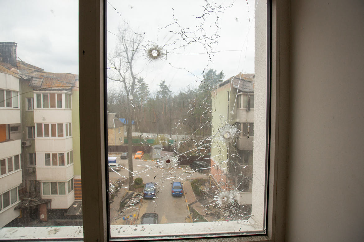Irpin, Ukraine During the Russian Invasion Apartment windows shows the signs of war