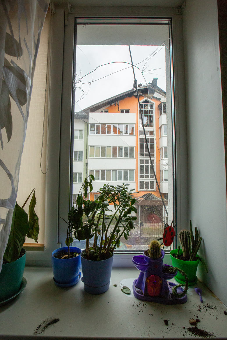 Irpin, Ukraine During the Russian Invasion The view from inside of an apartment with the window shot out