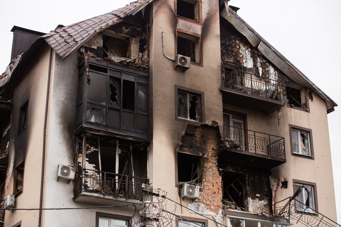 Irpin, Ukraine During the Russian Invasion Another burned building in downtown Irpin