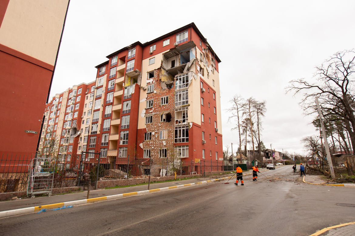 Irpin, Ukraine During the Russian Invasion You can see the street has been damaged by heavy tank tracks