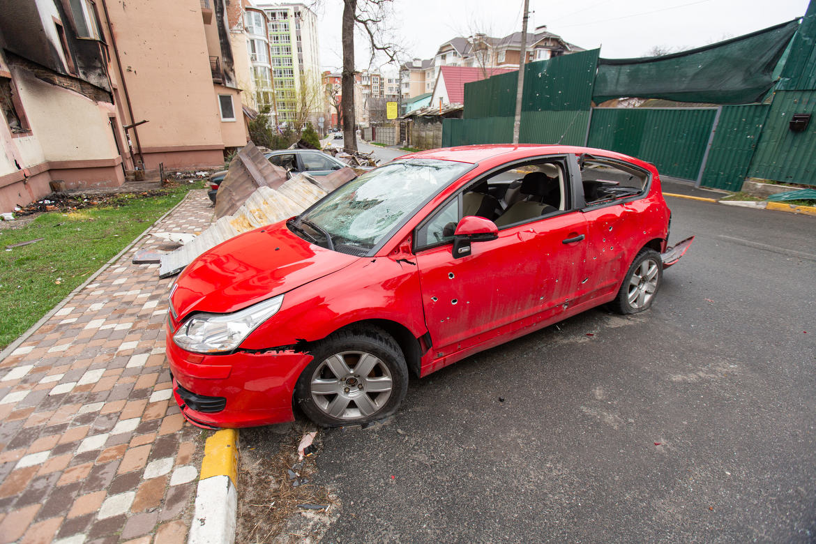 Irpin, Ukraine During the Russian Invasion Destroyed car hit by shrapnel